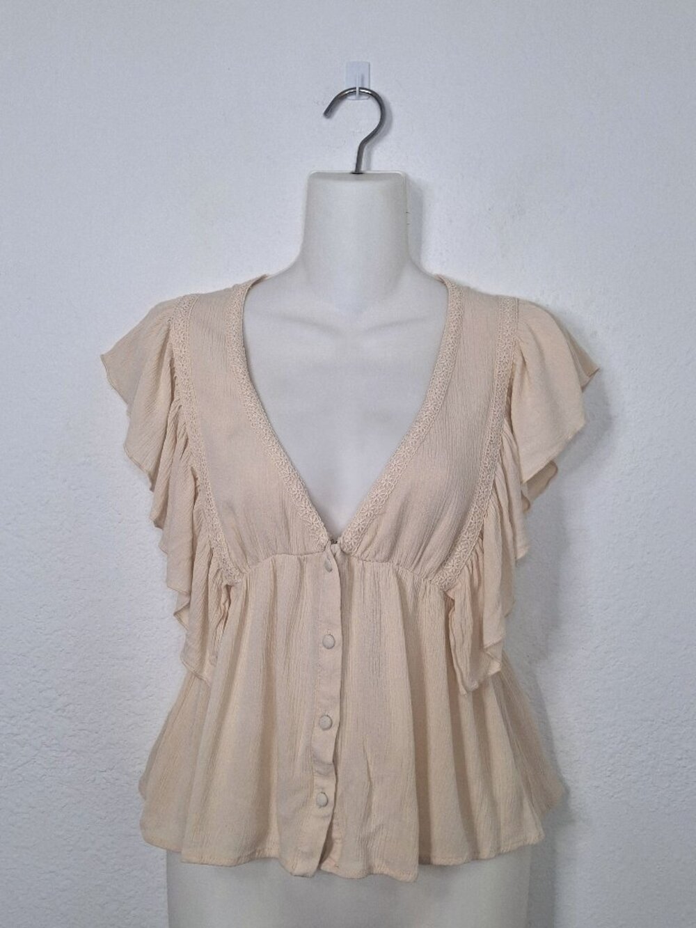 Peasant Babydoll Top Sz S Ruffle Boho Cottagecore Coquette Neutral Festival - Picture 6 of 13